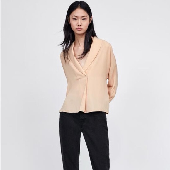 NWOT Zara Basic V Neck 3/4 Sleeve Crop Blouse in Beige/Pink -XS - Picture 2 of 5